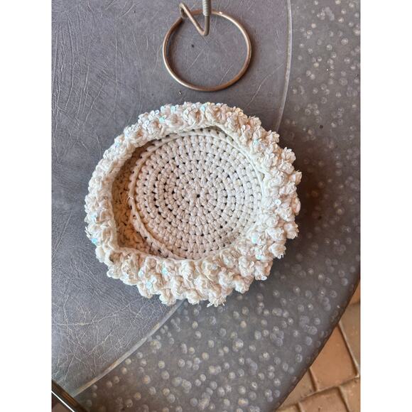 Vintage 1960s Ivory Sequin Pillbox Hat | Handmade Crocheted Wedding Church Hat